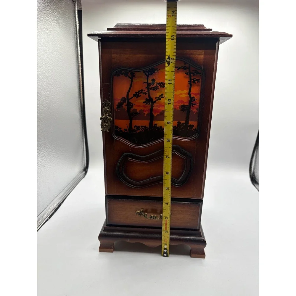 Vintage Wooden Jewelry Box Armoire Sunset Scene Music Box Cabinet 3 Drawers
